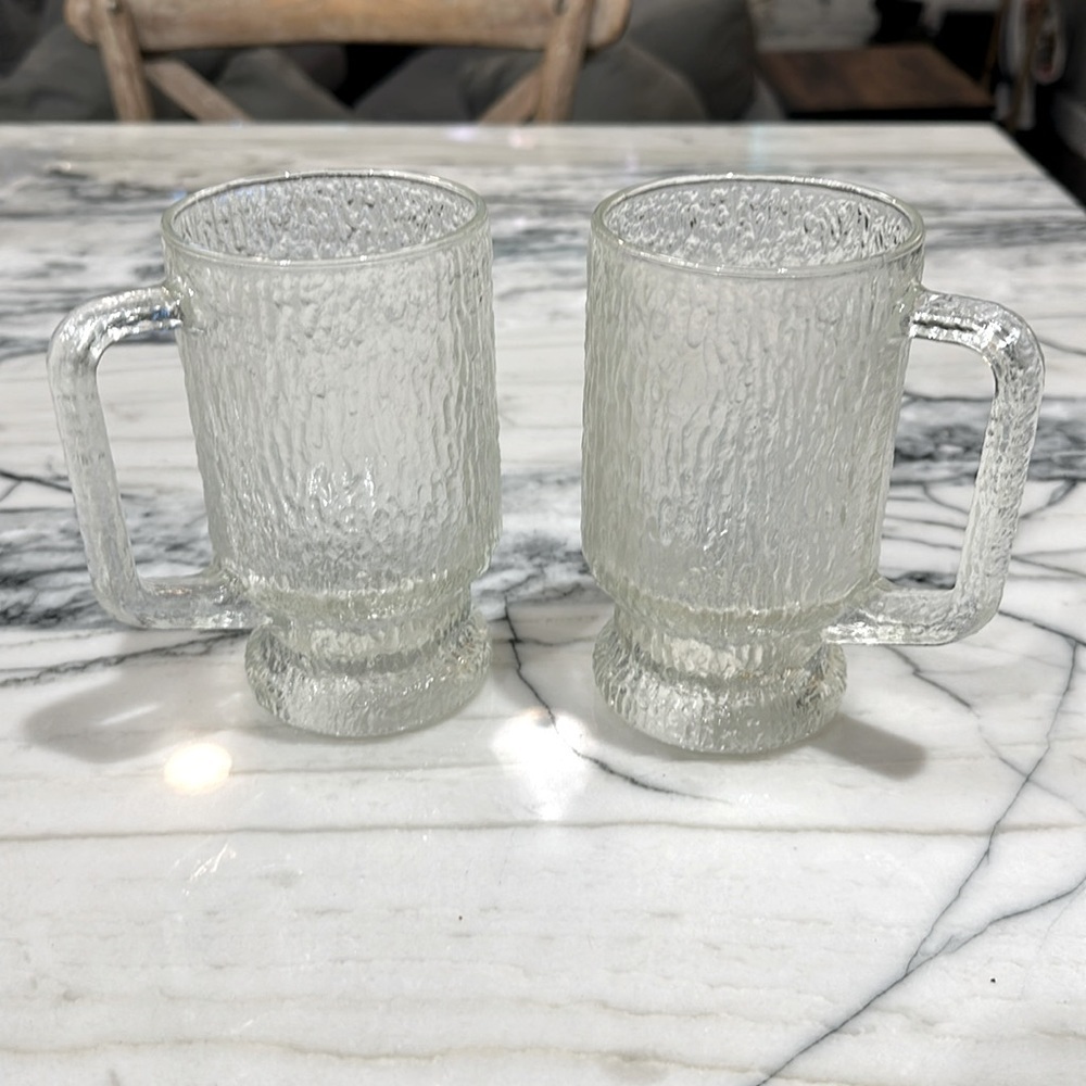 Vintage Indiana Glass Crystal Ice Tree Bark Footed Stein MCM 1960s Mug Set of 2